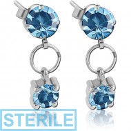 STERILE SURGICAL STEEL JEWELLED EAR STUDS PAIR - ROUND WITH DANGLING ROUND STONE PIERCING