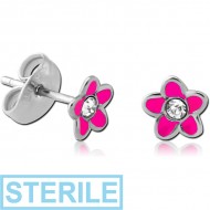 STERILE SURGICAL STEEL VALUE JEWELLED EAR STUDS PAIR WITH ENAMEL - FLOWER PIERCING