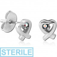 STERILE SURGICAL STEEL VALUE JEWELLED EAR STUDS PAIR - HEART PIERCING