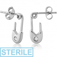 STERILE SURGICAL STEEL JEWELLED EAR STUDS PAIR - SAFETY PIN PIERCING