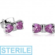 STERILE SURGICAL STEEL JEWELLED EAR STUDS PAIR - BOW PIERCING