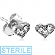 STERILE SURGICAL STEEL JEWELLED EAR STUDS PAIR - HEART PIERCING