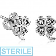 STERILE SURGICAL STEEL JEWELLED EAR STUDS PAIR - SHAMROCK PIERCING