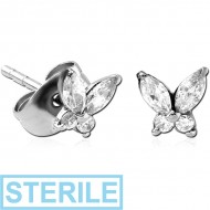 STERILE SURGICAL STEEL JEWELLED EAR STUDS PAIR - BUTTEFLY PIERCING