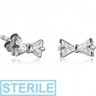 STERILE SURGICAL STEEL JEWELLED EAR STUDS PAIR - BOW SLIM PIERCING
