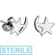 STERILE SURGICAL STEEL EAR STUDS PAIR - STAR AND CRESCENT PIERCING