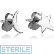 STERILE SURGICAL STEEL EAR STUDS PAIR - STAR CRESCENT PIERCING
