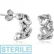 STERILE SURGICAL STEEL JEWELLED EAR STUDS PAIR - U SHAPE HEARTS PIERCING