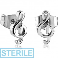 STERILE SURGICAL STEEL EAR STUDS PAIR - MUSIC NOTE PIERCING