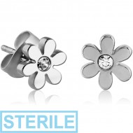 STERILE SURGICAL STEEL JEWELLED EAR STUDS PAIR - FLOWER PIERCING