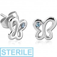 STERILE SURGICAL STEEL JEWELLED EAR STUDS PAIR - BUTTERFLY PIERCING