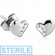 STERILE SURGICAL STEEL CRYSTALINE JEWELLED EAR STUDS PAIR - HEART PIERCING