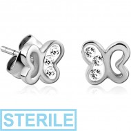 STERILE SURGICAL STEEL CRYSTALINE JEWELLED EAR STUDS PAIR - BUTTERFLY PIERCING