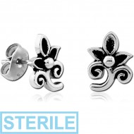 STERILE SURGICAL STEEL EAR STUDS PAIR - FILIGREE FLOWER