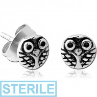 STERILE SURGICAL STEEL EAR STUDS PAIR - OWL
