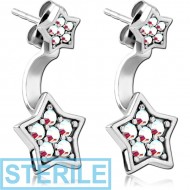 STERILE SURGICAL STEEL JEWELLED BACK EARRINGS WITH STUD PAIR - STAR