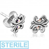 STERILE SURGICAL STEEL JEWELLED EAR STUDS PAIR - FILIGREE