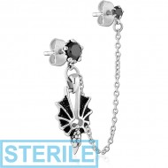 STERILE SURGICAL STEEL JEWELLED EAR STUDS WITH CONNECTING CHAIN
