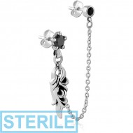 STERILE SURGICAL STEEL JEWELLED EAR STUDS WITH CONNECTING CHAIN