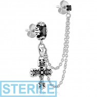 STERILE SURGICAL STEEL JEWELLED EAR STUDS WITH CONNECTING CHAIN