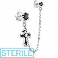 STERILE SURGICAL STEEL JEWELLED EAR STUDS WITH CONNECTING CHAIN