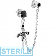 STERILE SURGICAL STEEL JEWELLED EAR STUDS WITH CONNECTING CHAIN