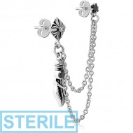 STERILE SURGICAL STEEL JEWELLED EAR STUDS WITH CONNECTING CHAIN