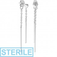 STERILE SURGICAL STEEL JEWELLED CHAIN EAR STUDS PAIR
