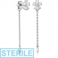 STERILE SURGICAL STEEL JEWELLED CHAIN EAR STUDS PAIR