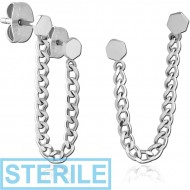 STERILE SURGICAL STEEL EAR STUDS WITH CHAIN