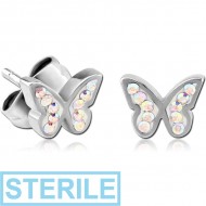 STERILE SURGICAL STEEL CRYSTALINE JEWELLED EAR STUDS PAIR - BUTTERFLY PIERCING