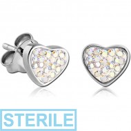 STERILE SURGICAL STEEL CRYSTALINE JEWELLED EAR STUDS PAIR - HEART PIERCING