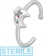 STERILE SURGICAL STEEL JEWELLED OPEN NOSE RING - CRESCENT AND STAR
