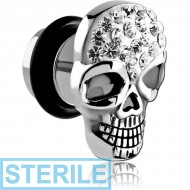 STERILE SURGICAL STEEL CRYSTALINE JEWELLED SKULL FAKE PLUG PIERCING