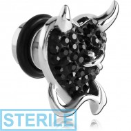 STERILE SURGICAL STEEL CRYSTALINE JEWELLED DEVIL HEART FAKE PLUG