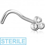 STERILE SURGICAL STEEL CURVED BEZEL SET JEWELLED TRINITY NOSE STUD