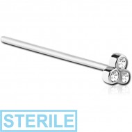 STERILE SURGICAL STEEL STRAIGHT BEZEL SET JEWELLED TRINITY NOSE STUD
