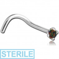 STERILE SURGICAL STEEL CURVED PRONG SET 2MM JEWELLED NOSE STUD WITH SYNTHETIC OPAL PIERCING