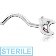 STERILE SURGICAL STEEL CURVED JEWELLED NOSE STUD - CRESCENT AND STAR PIERCING