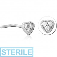 STERILE SURGICAL STEEL 90 DEGREE JEWELLED NOSE STUD - HEART PIERCING