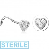 STERILE SURGICAL STEEL CURVED JEWELLED NOSE STUD - HEART