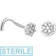 STERILE SURGICAL STEEL CURVED JEWELLED NOSE STUD - FLOWER