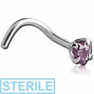 STERILE SURGICAL STEEL CURVED PRONG SET HEART JEWELLED NOSE STUD PIERCING