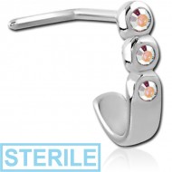 STERILE SURGICAL STEEL 90 DEGREE JEWELLED WRAP AROUND NOSE STUD - TRIPLE ROUND GEMS PIERCING