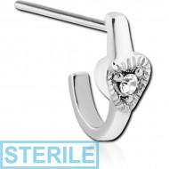 STERILE SURGICAL STEEL STRAIGHT JEWELLED WRAP AROUND NOSE STUD - BIG HEART FLAT BAR
