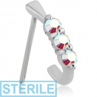 STERILE SURGICAL STEEL STRAIGHT JEWELLED WRAP AROUND NOSE STUD - THREE GEMS ROUND