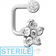 STERILE SURGICAL STEEL LIP HOOP WITH FLOWER JEWELLED AND CRYSTALINE JEWELLED BALL