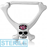 STERILE SURGICAL STEEL JEWELLED NIPPLE CLICKER - SKULL WITH BONES