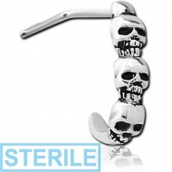 STERILE SURGICAL STEEL 90 DEGREE WRAP AROUND NOSE STUD - FOUR SKULLS