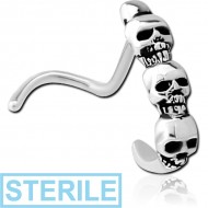 STERILE SURGICAL STEEL CURVED WRAP AROUND NOSE STUD - FOUR SKULLS